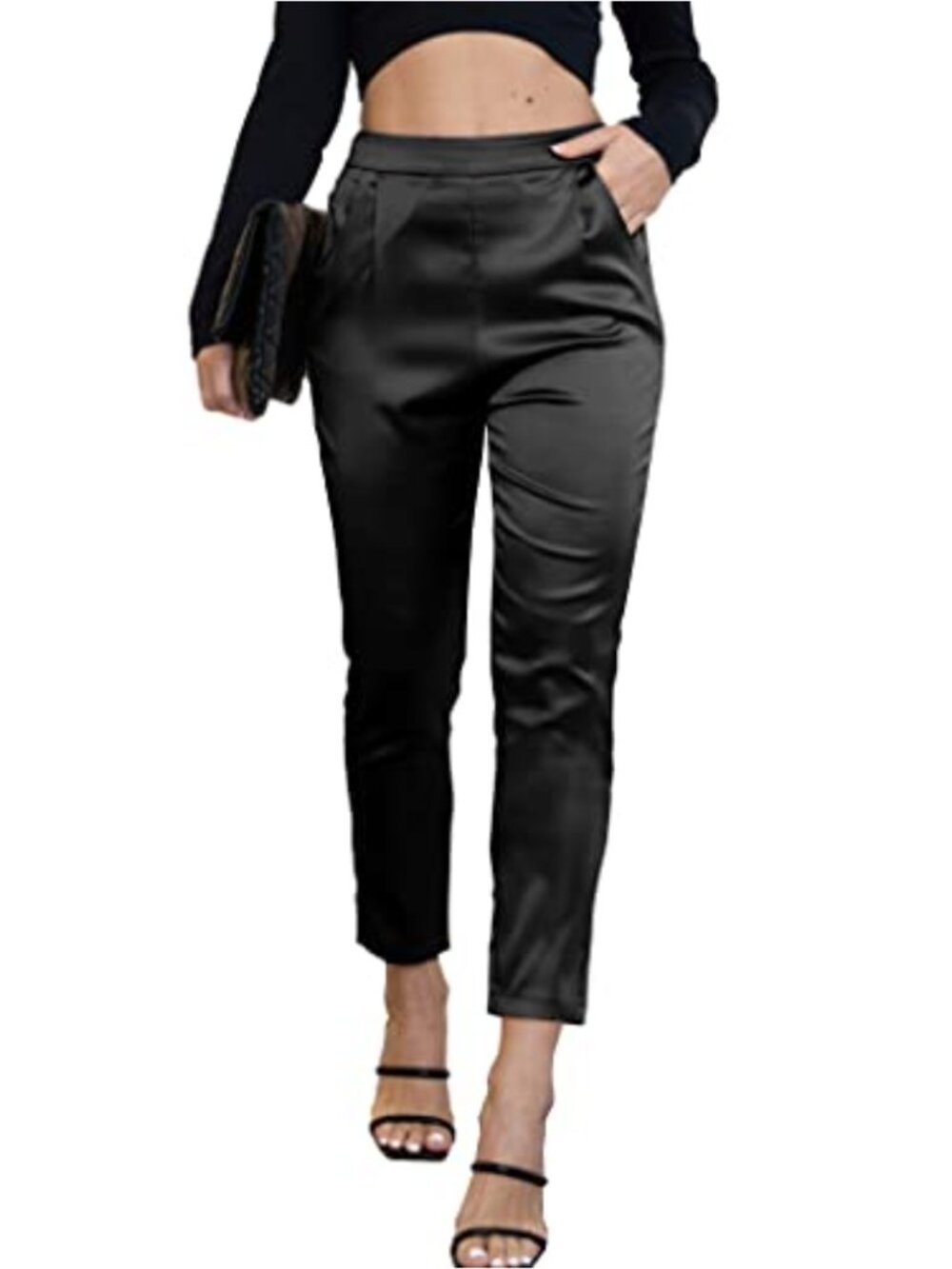Women Satin Pants Pleated Pull On High Waist Tapered Trousers Ankle